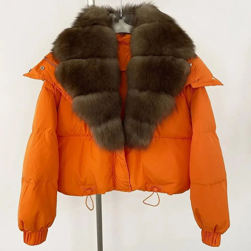 Luxe 2024 Nieuwe Eendendons Echte Vos Bontjas Winter Dikke Warme Jas Vrouwen Natuurlijke Bontkraag Bovenkleding Fashion Casual Capuchon