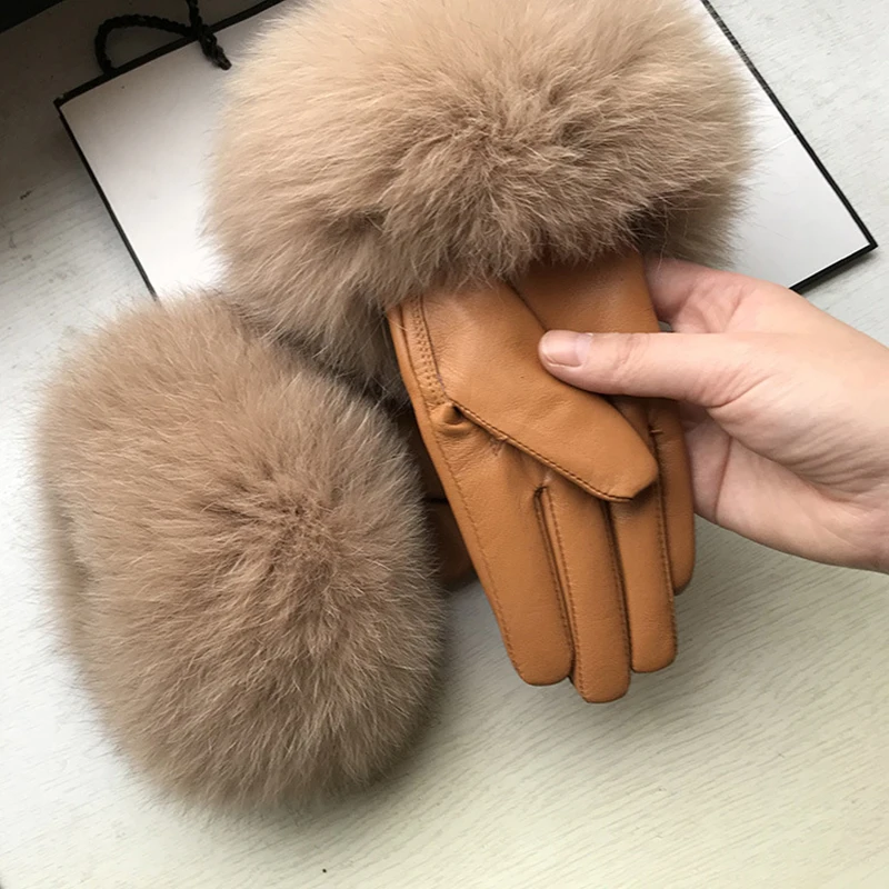 Chic Camel Color Real Big Fox Fur Women\'s Sheepskin Gloves Winter Plus Velvet Female Cycling Drive Warm Genuine Leather Gloves