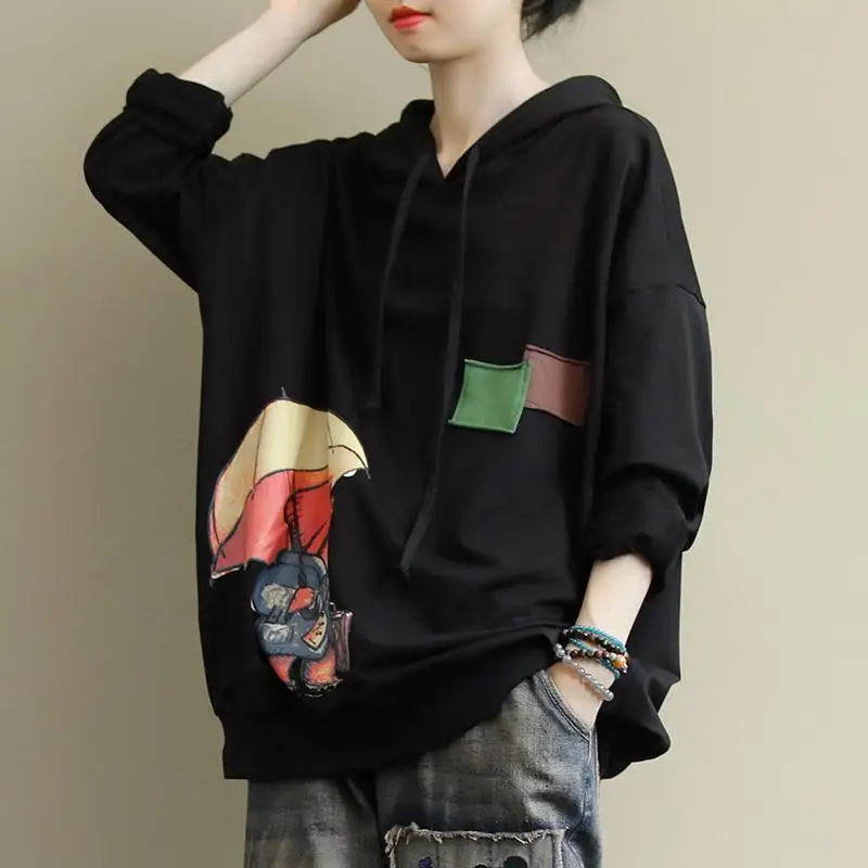 Casual Women\'s Cartoon Printed Hooded T-shirt 2023 Spring Autumn Korean Loose Spliced Long Sleeve Sweatshirts Female Clothing