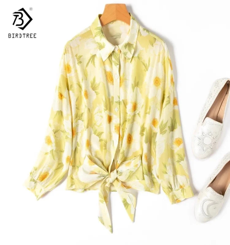 

Birdtree Summer 100% Mulberry Silk Blouse,Women Double Crepe Square Neck Printing Long Sleeve Loose Shirt,2025 New T55019JF