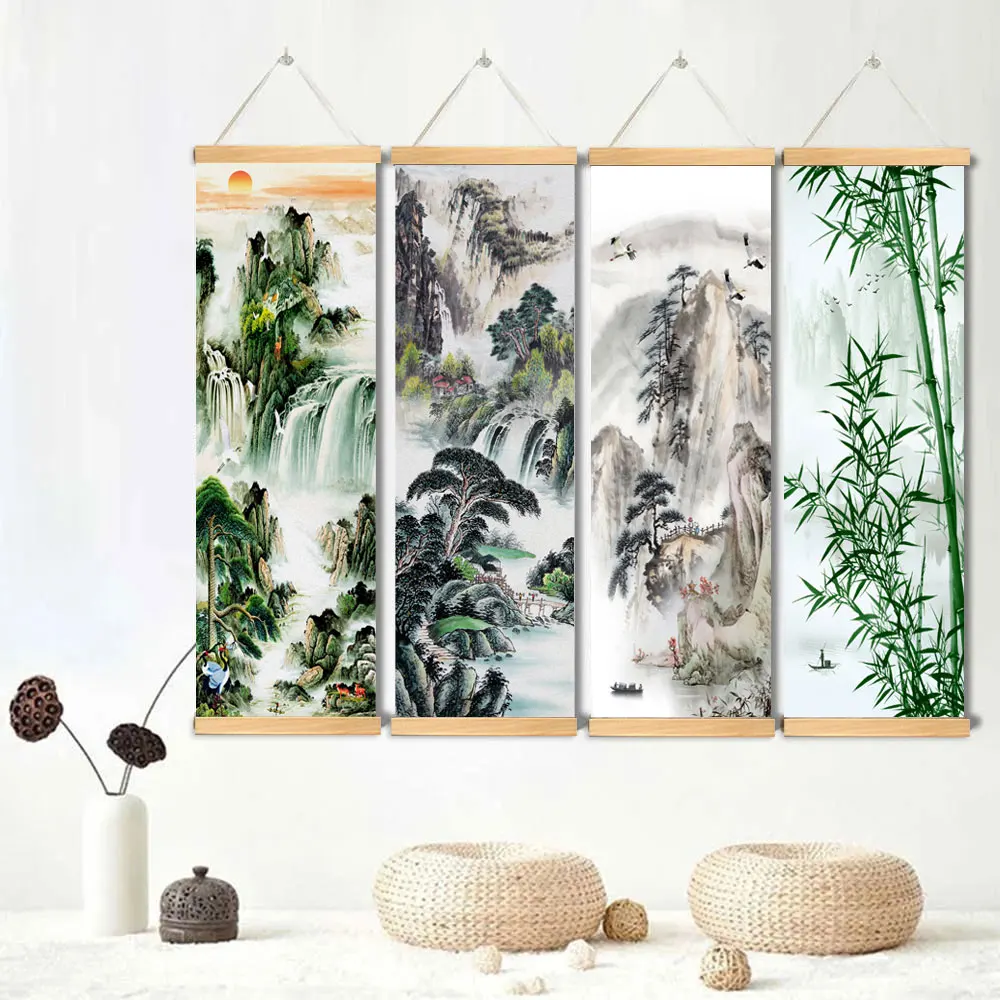 Misty Mountain River Wall Scroll Wall Art Chinese Style Canvas Prints Landscape Art on Canvas with Wooden Frame for Home Decor