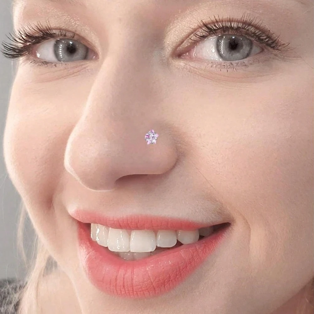 6Pcs Pink Nose Studs Nose Rings 20G L Corkscrew Bone Nose Ring Stud Stainless Steel Nose Screw Studs Nostril Piercing Jewelry