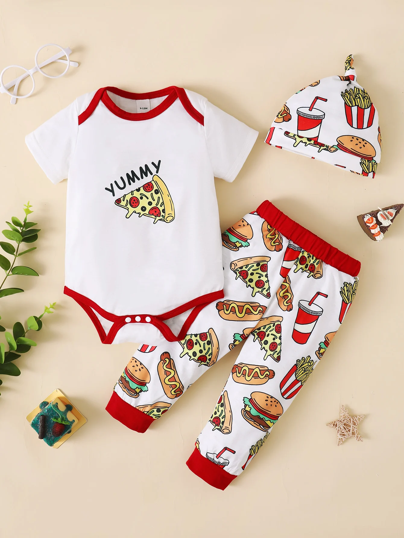 

White Short Sleeve Simple Pizza Print With Color Contrast Edge Triangle Dress Boy Baby Hamburger Food Print Pant Hat Cute Suit