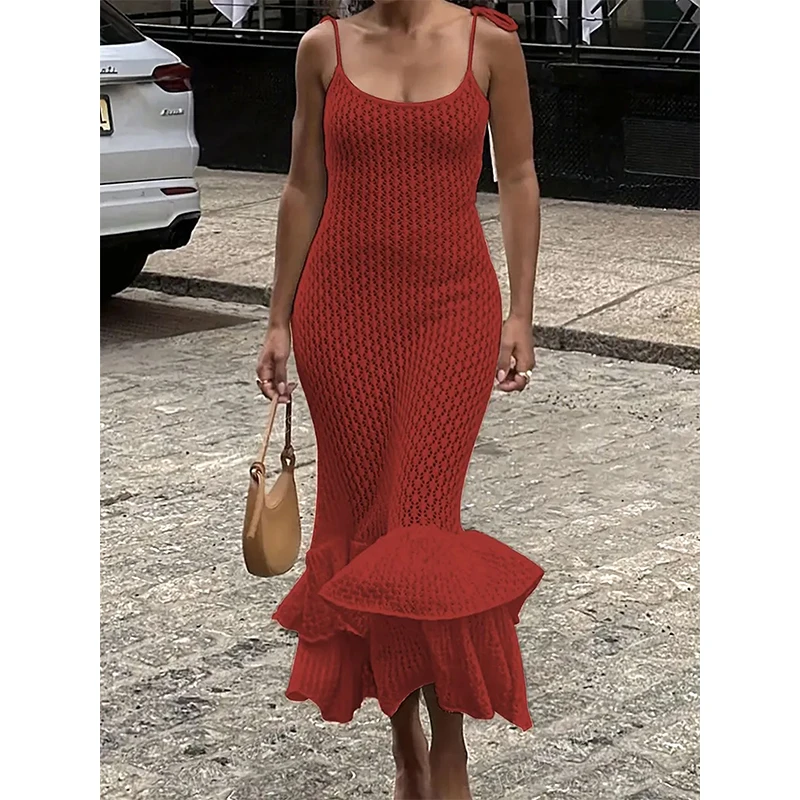 レディースビーチホリデーニットビキニカバーアップ、無地ダブルフリルスリップドレス、セクシーな透かし彫りビーチウェアカバーアップ