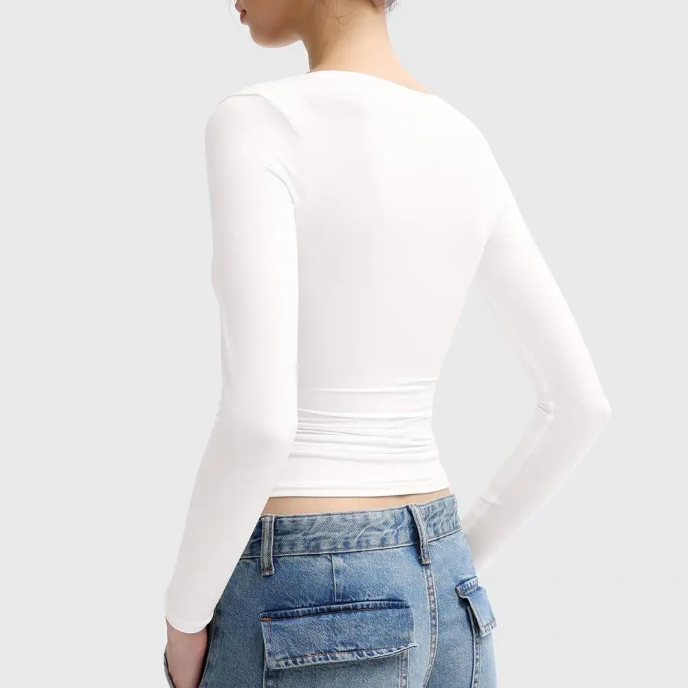 T-Shirt im klassischen Design für Damen, U-Ausschnitt, lange Ärmel, schmale Passform, Pullover, Oberteile, einfarbig, hochelastische Bluse für vielseitigen Stil