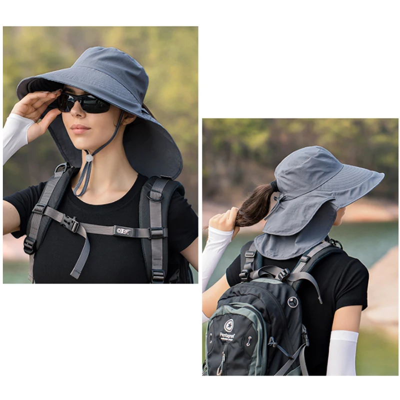 Summer Solid Color Bow Tie Bucket Hat for Women Shawl Integrated Sun Hat Outdoor Anti-UV Fishing Hat Ladies Beach Hat Hiking Hat