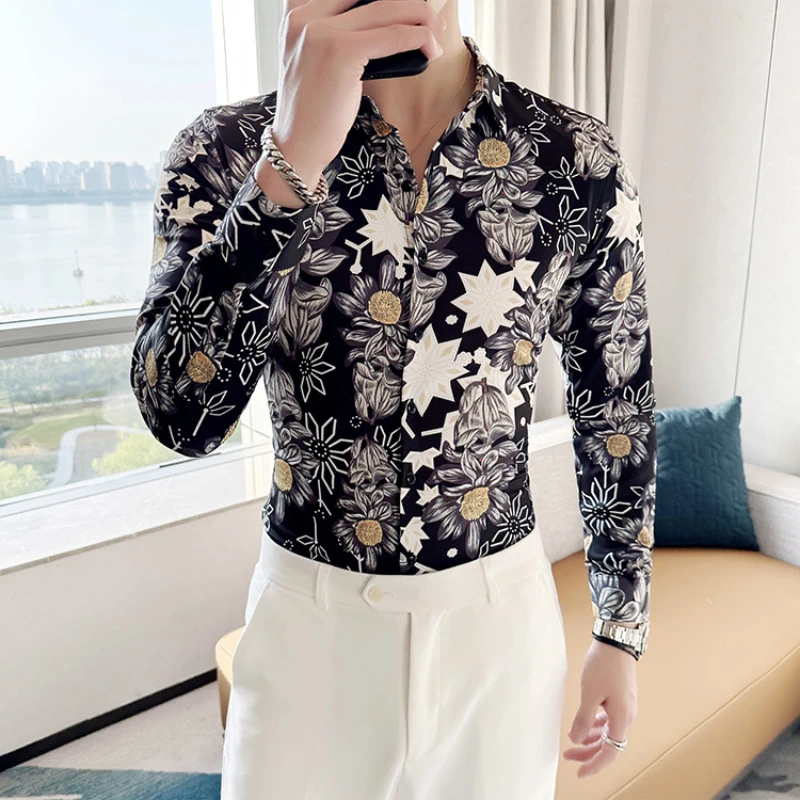 

Luxury Flower Shirt for Men 2023 Autumn Winter Long Sleeve Casual Shirts Slim Fit Business Social Party Tuxedo Blouse M-6XL