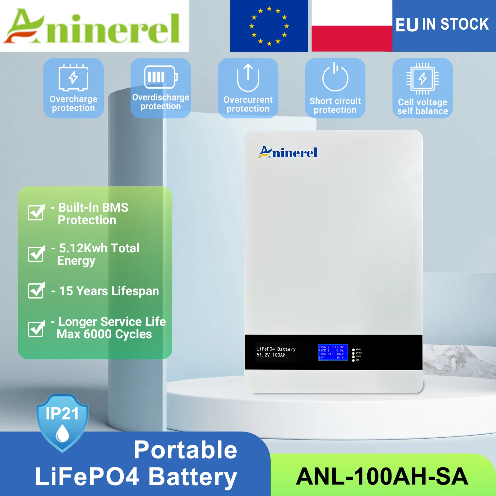 Batterie LiFePO4 Aninerel en stock UE 48V 100Ah 5.12Kwh 6000+ cycles Bluetooth 51.2V 100AH pour système solaire domestique avec connexion APP