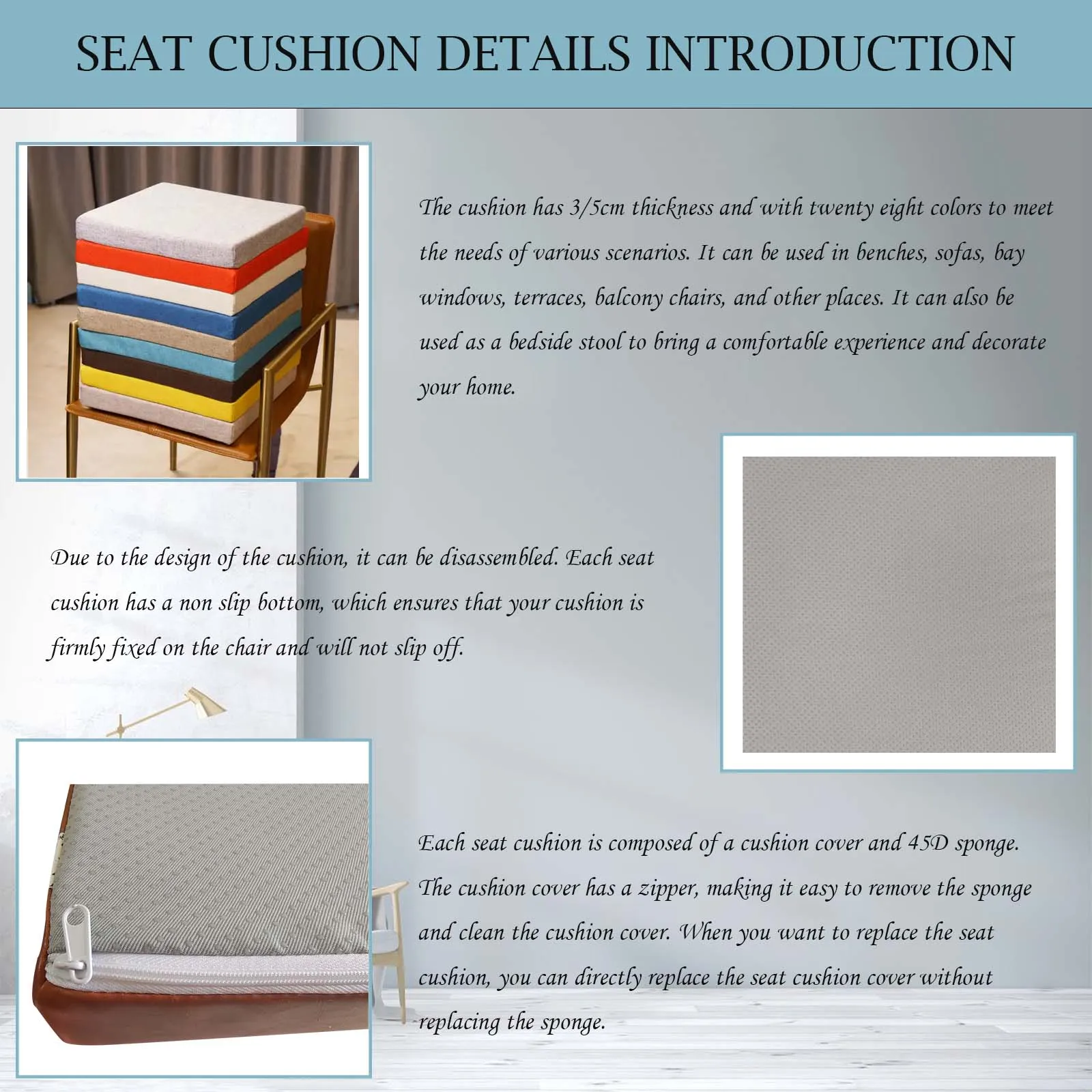 Bench Cushion with Double Piping Washable Chair Seat Pad Windowsill Cushion for Home Garden Bay Window Patio Swing Booth Hotel