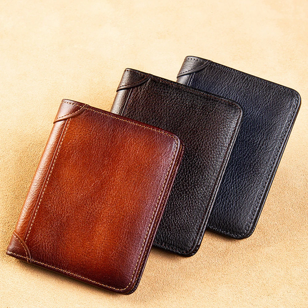 

Without Logo Wallet Genuine Leather RFID Blocking Anti-theft Men's Wallet Cowhide ID Credit Card Holder Case Man Pocket Purse