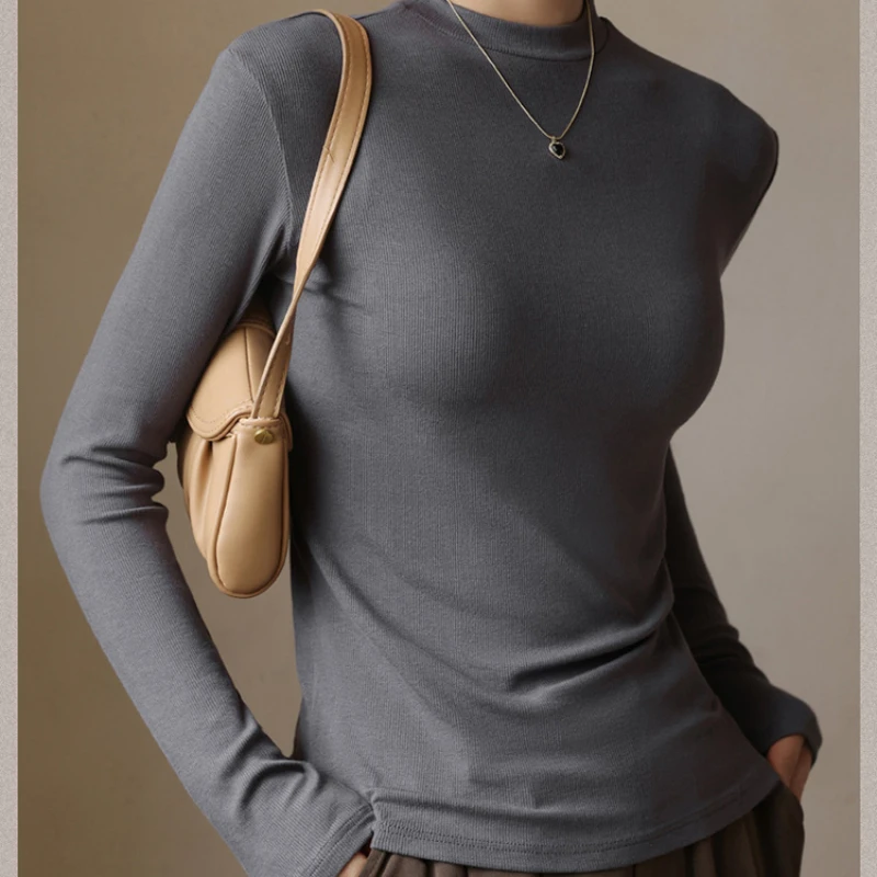 Slim half turtleneck bottoming shirt long-sleeved warm top small stand-up collar solid color inner wear