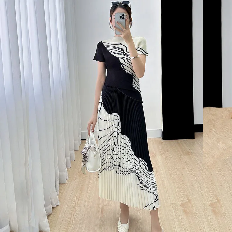 Summer Fashion Set Women's Elegant Short Sleeved Printed T-shirt Medium Length Wrinkled Half Skirt Two Piece Set Dress Sets