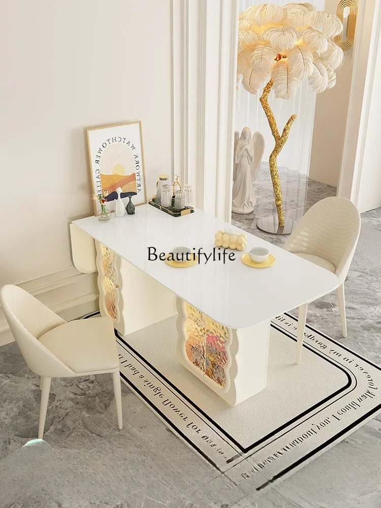 Cream wind dining table Small apartment household rock slab folding dining table