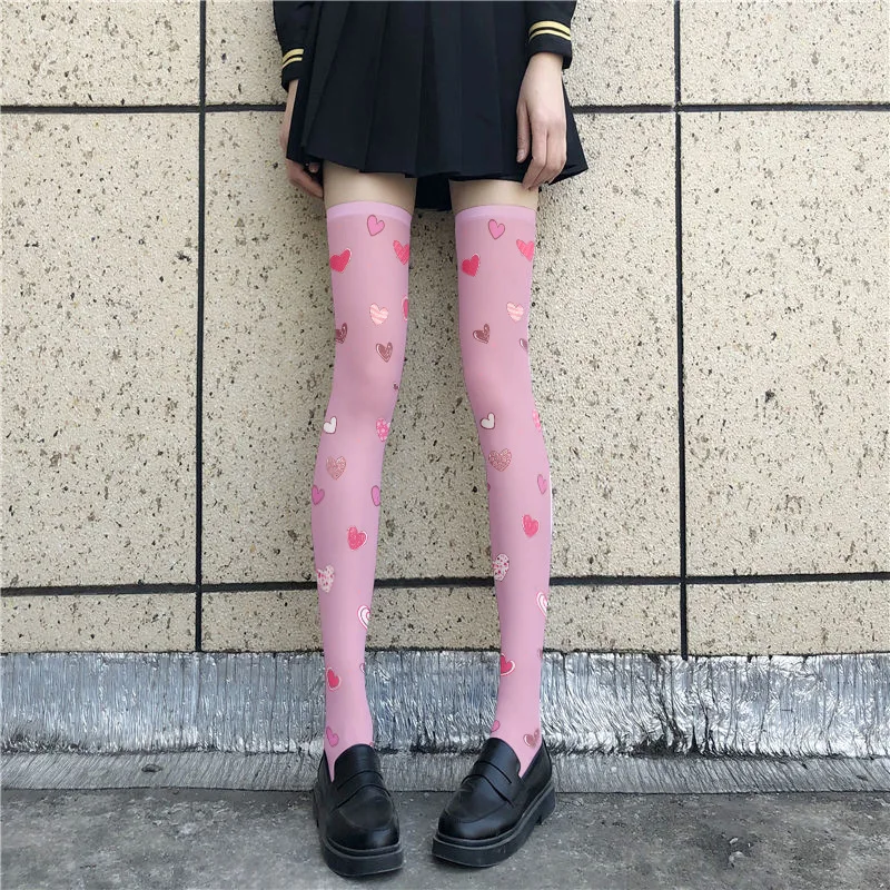 Women's Stockings Printed Silk Thin Japanese Lolita Cute Anime Over-the-knee Long White Velvet Socks Purple Color Simple Girls