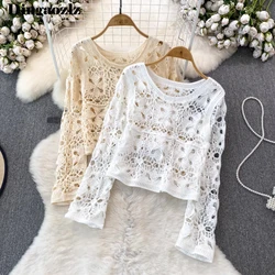 2024 Spring Summer Pullovers Tops Korean Fashion Long Sleeve Women Hollow out Knitted Shirt Round Neck Hook Flower Knitwear