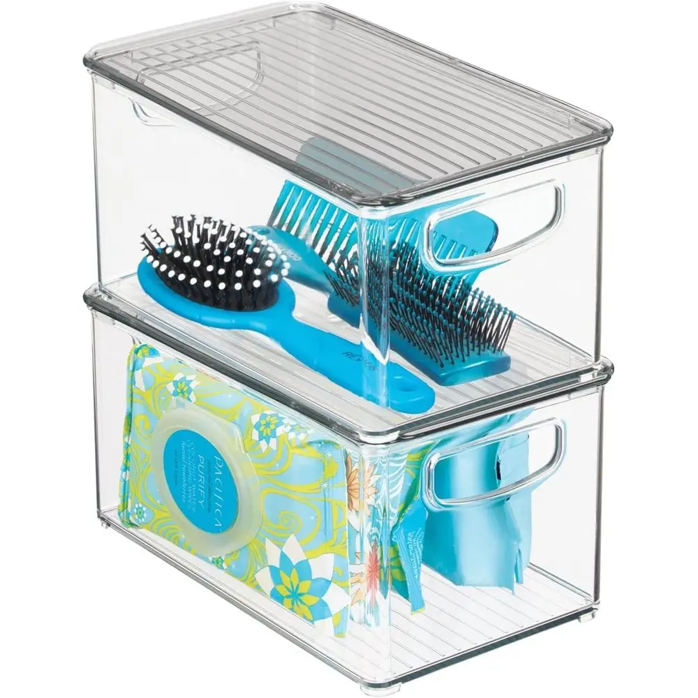

Стильный пластиковый ящик для хранения с крышкой и ручками для макияжа, инструментов для волос и туалетных принадлежностей - 2 шт., прозрачный/дымчато-серый