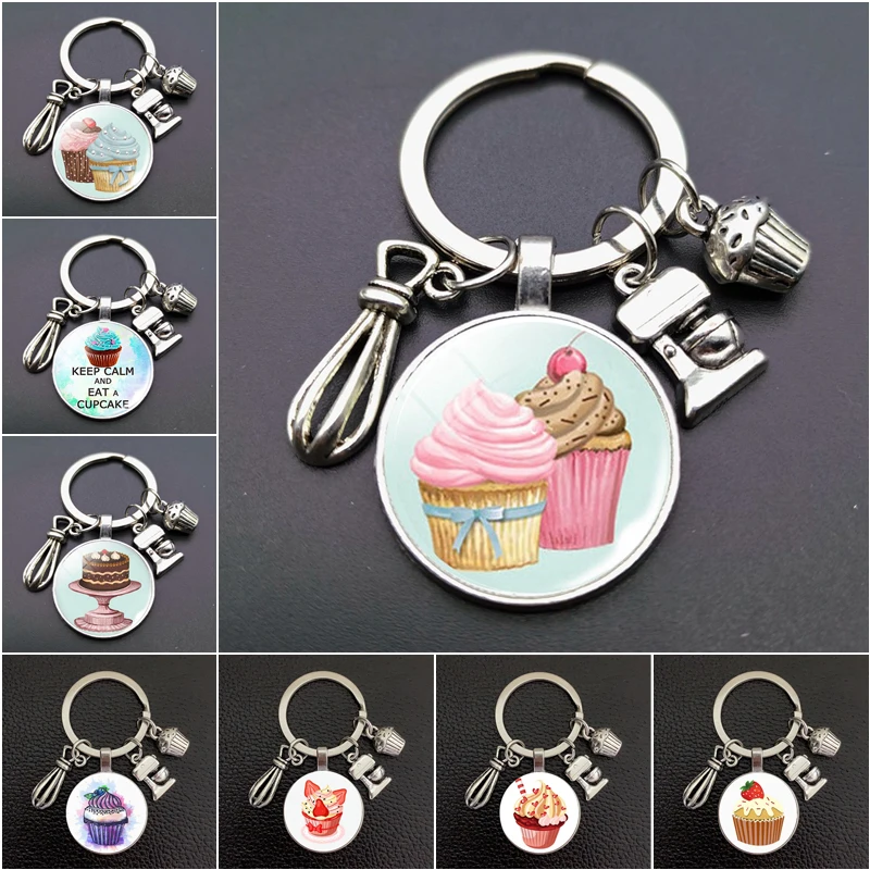 New Cake Cup Pendant Keychain Fashion Cute Dessert Glass Cabochon Metal Pendant Birthday Cake Shop Handmade Gift For Customers