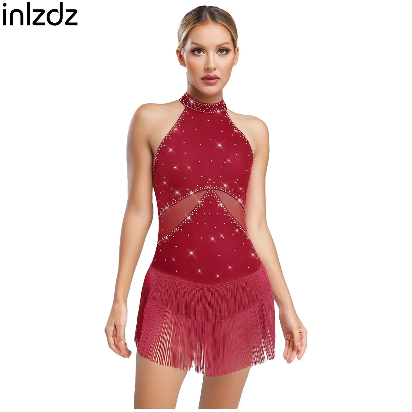 

Womens Tassel Latin Chacha Dance Leotard Sparkly Rhinestone Mesh Bodysuit Skating Ballet Dance Samba Rumba Performance Dancewear