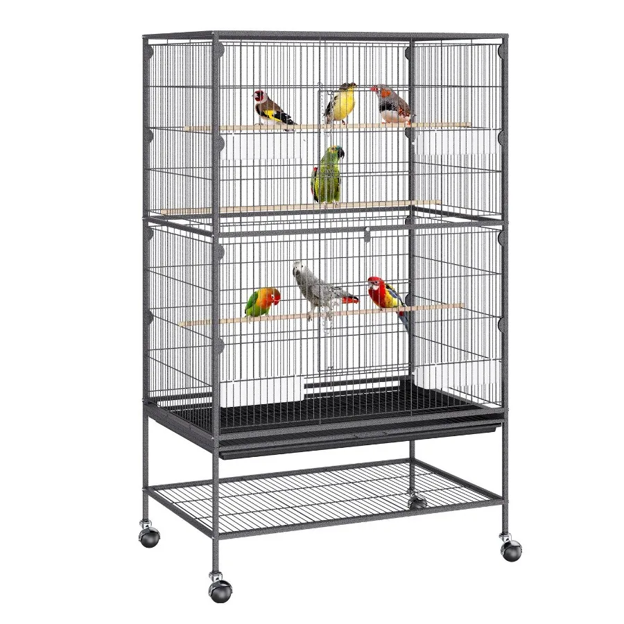 

52 inch Standing Large Bird Cage Wrought Iron Flight Bird Cage for Parakeets Cockatiels Parrots Macaw with Rolling Stand and T
