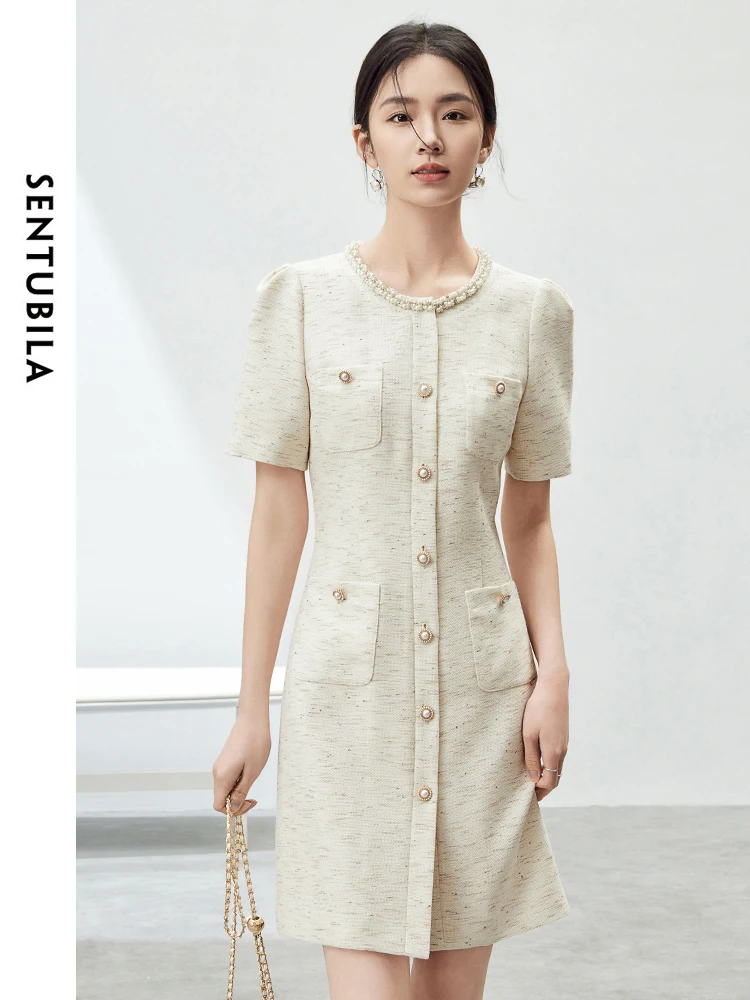 

SENTUBILA High-end Linen Blend Tweed Dress Women 2024 Elegant Fashion Lady Button Down Mini Dress Woman Summer Clothes 142L54305