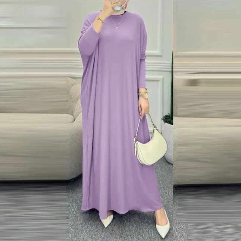 Muslim Women's Long Sleeve Solid Color Dress Round Neck Loose-Fit Long Skirt Islamic Clothing Modest Fashion Dress