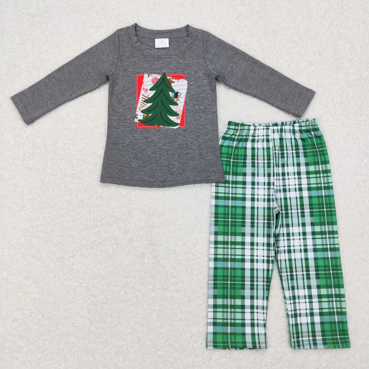 

Wholesale Hot Sale Baby Boys Clothes Clothing Embroidered Christmas Tree Gray Long Sleeve Green Plaid Pant suit