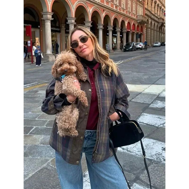 

Повседневная клетчатая женская куртка в стиле пэчворк с длинными рукавами и карманами на молнии, женское пальто, осень 202, однобортное женское уличное пальто с лацканами