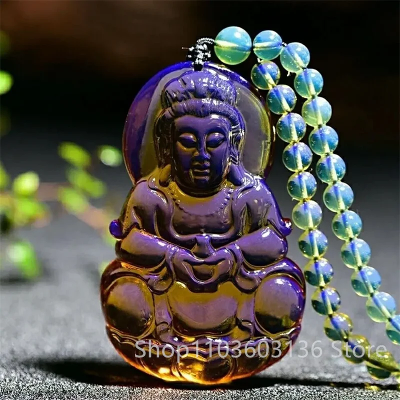 Buddha Necklace Natural Domi Blue Potter Pendant Sweater Chain Raw Mineral Honey Wax Amber Men's Guanyin Necklace Pendant