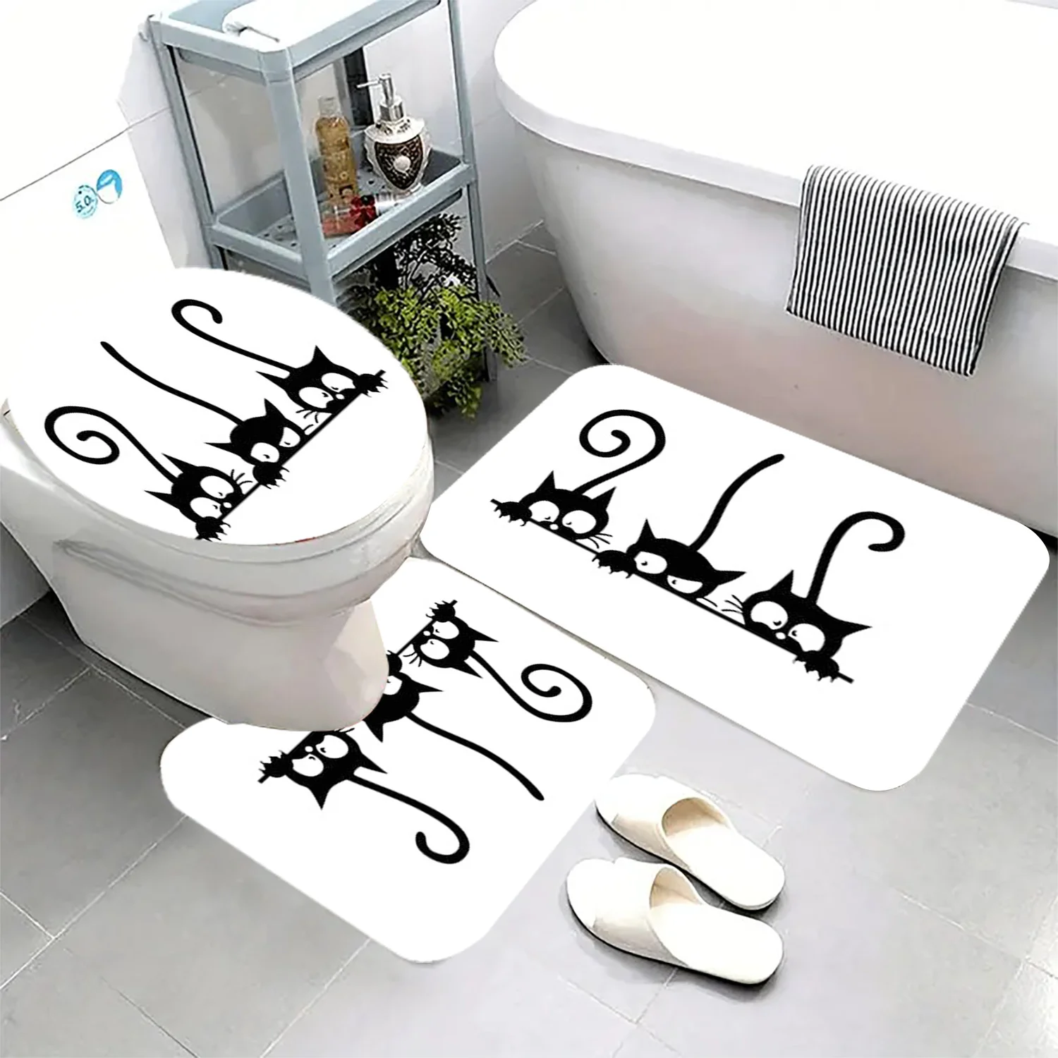 

3pcs Black Cat Bathroom Set - Non-Slip Bath Mat, U-Shaped Floor Mat & Toilet Cover - Plush Flannel Fabric with Cute Black Cat
