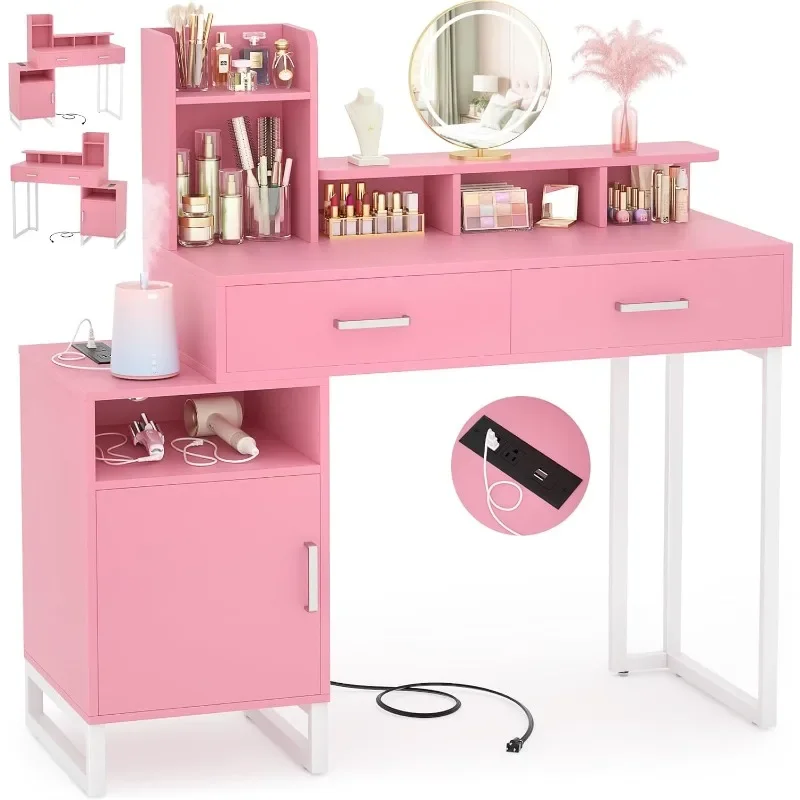 

Small Vanity Desk with Power Outlet, Makeup Desk with Drawers and Cabinets, Vanity Set with Storage Shelves