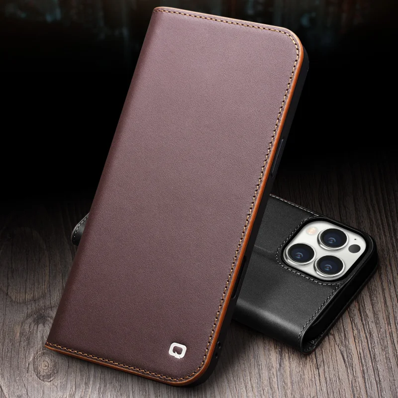 

Full Grain Real Genuine Cowhide Leather Cover For Iphone 16e 13 12 14 15 16 Pro Max Retro Business Flip Phone Case Wallet Bag