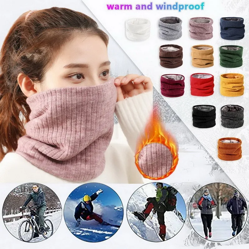 Unisex Knitted Warm Scarf Winter Autumn Ring Women Bandana Solid Fleece Scarf  Men Headband Neck Scarf Shawl