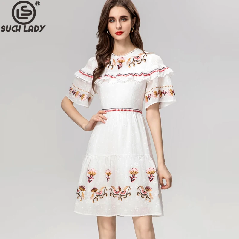 

Women's Runway Dresses O Neck Short Sleeves Embroidery Piping Ruffles Fashion Mini High Street Casual Vestidos