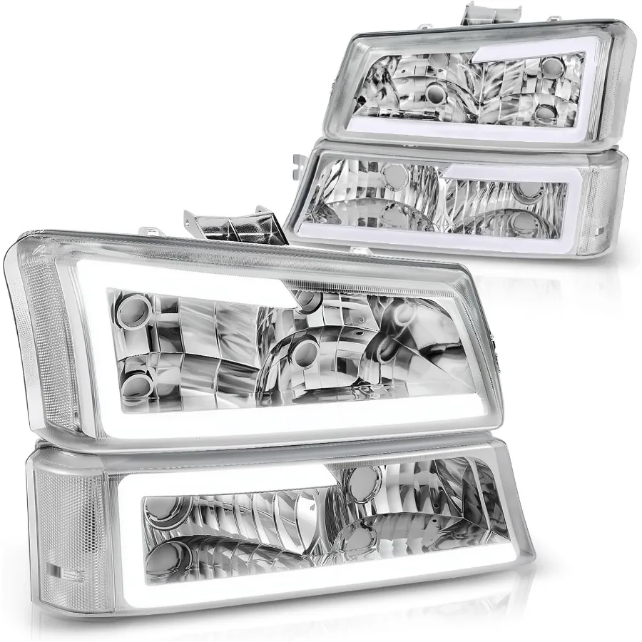 

4 шт. светодиодные фары DRL с хромированным корпусом и прозрачными линзами для моделей Chevy Silverado Avalanche 1500 2500 3500 03-06 и C