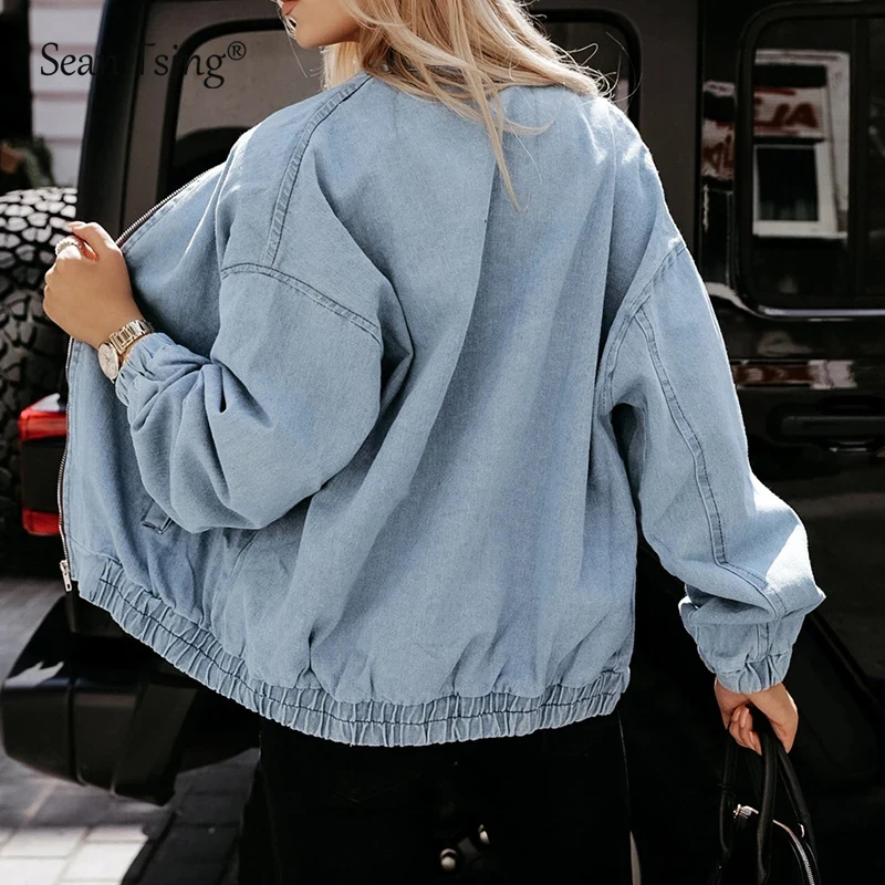 2024 Soft Denim Jackets Women\'s Long Sleeve Zip Up Loose Oversized Thin Coats Casual High Street Sweatshirts for Spring Fall