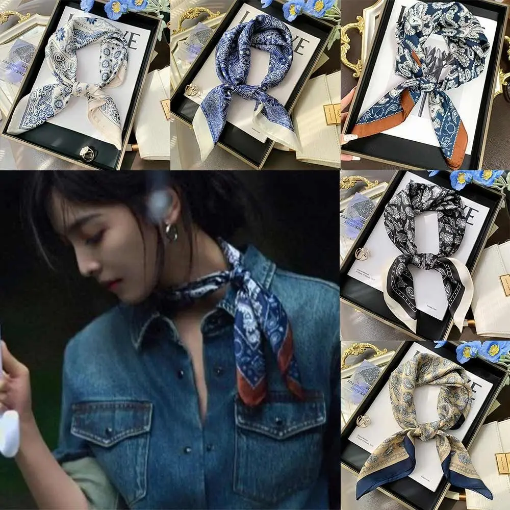 

Fashion Square Silk Scarf Double Sides Flower Pattern Head Handkerchief Handbag Wraps 70*70cm Hair Scarf Women