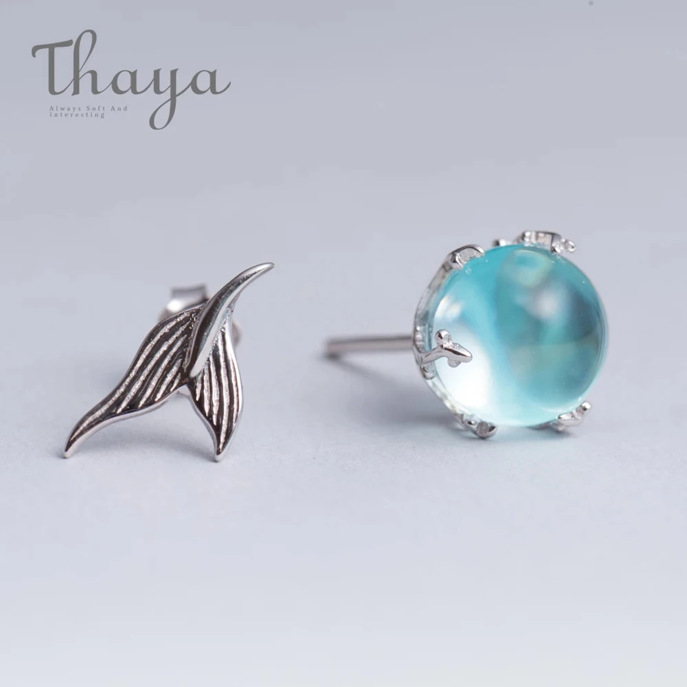 Thaya Mermaid Bubble Studs Earrings S925 Silver Blue Crystal Earrings Seaweed Cushion fishtail Earring for Women jewelry Female