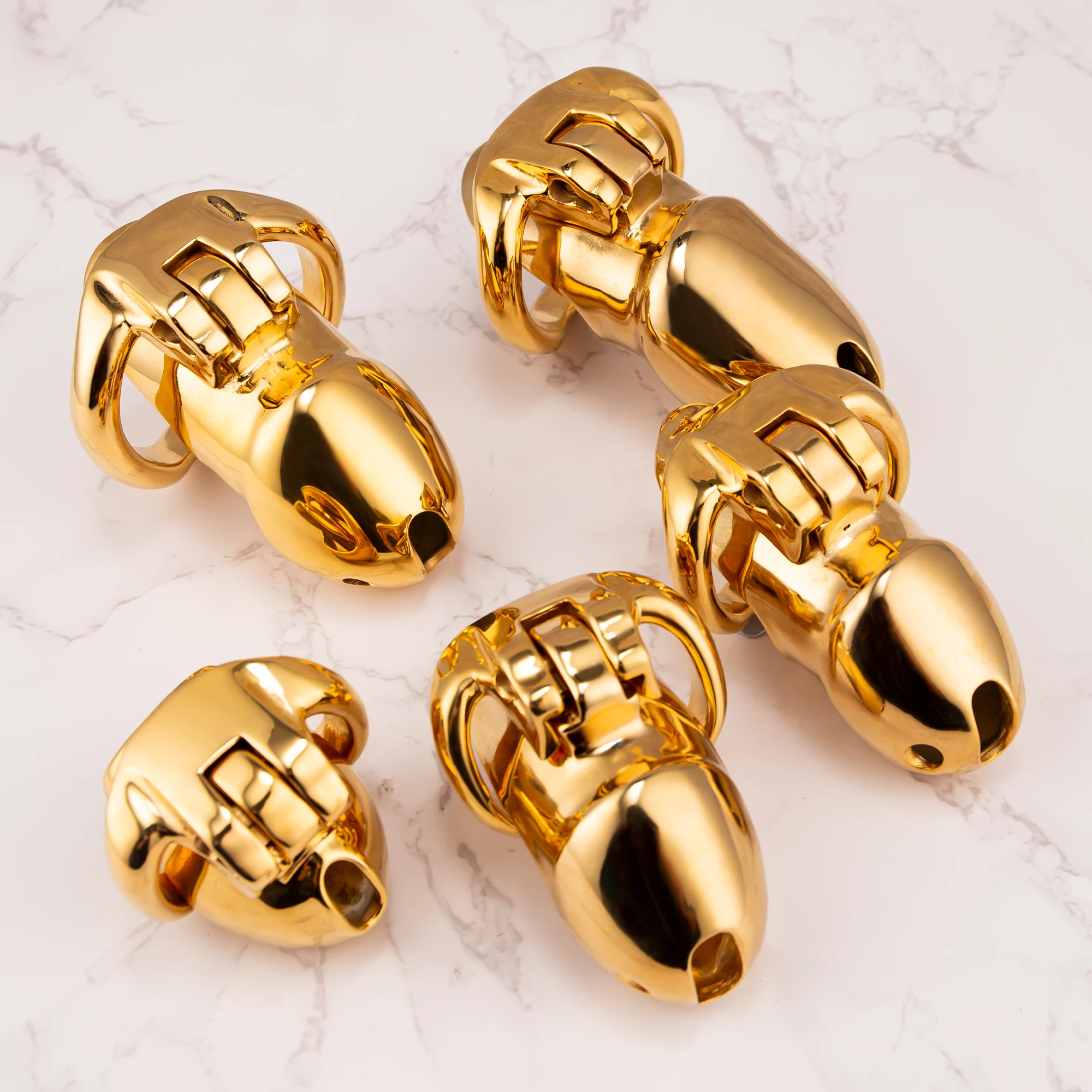 2023 New Chastity Cage 5 Sizes Gold Stainless Steel Male Chastity Device Metal Penis Cage Cock Ring With Lock Sex Toys For Men