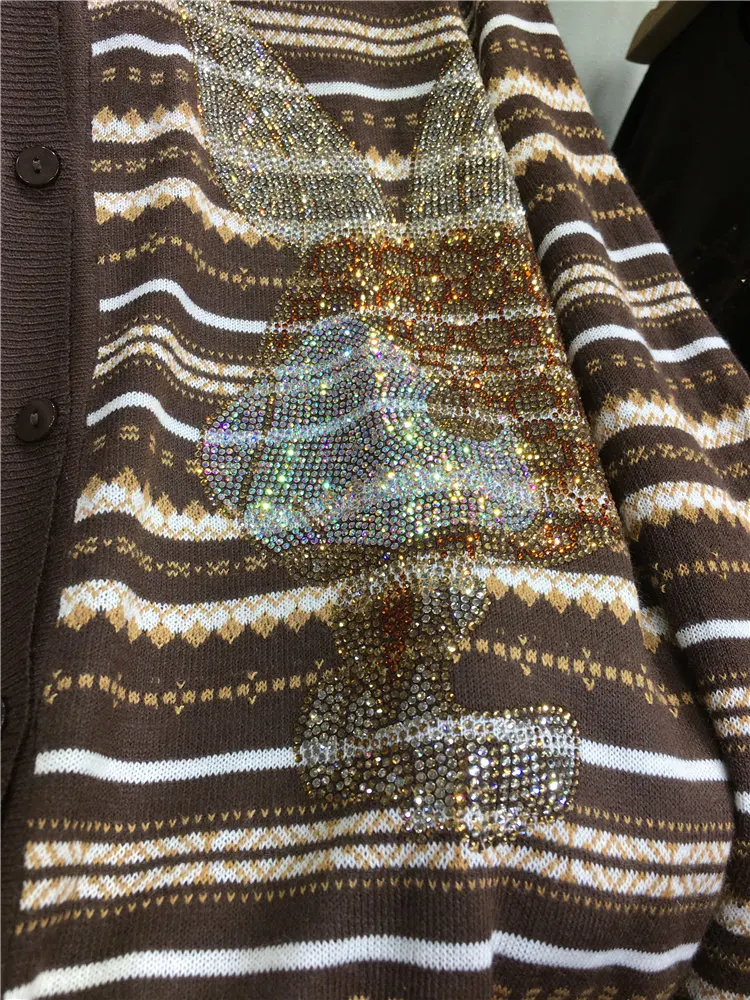 New Autumn Color-blocking Stripes Cardigans Shirt All-match Shiny Hot Diamonds Elegant Round Neck Single-breasted Sweater Top
