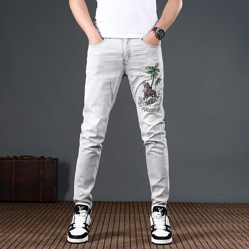 

Fashion printed jeans men's gray light denim Stretch Slim summer thin clothing Street trend tappered pants