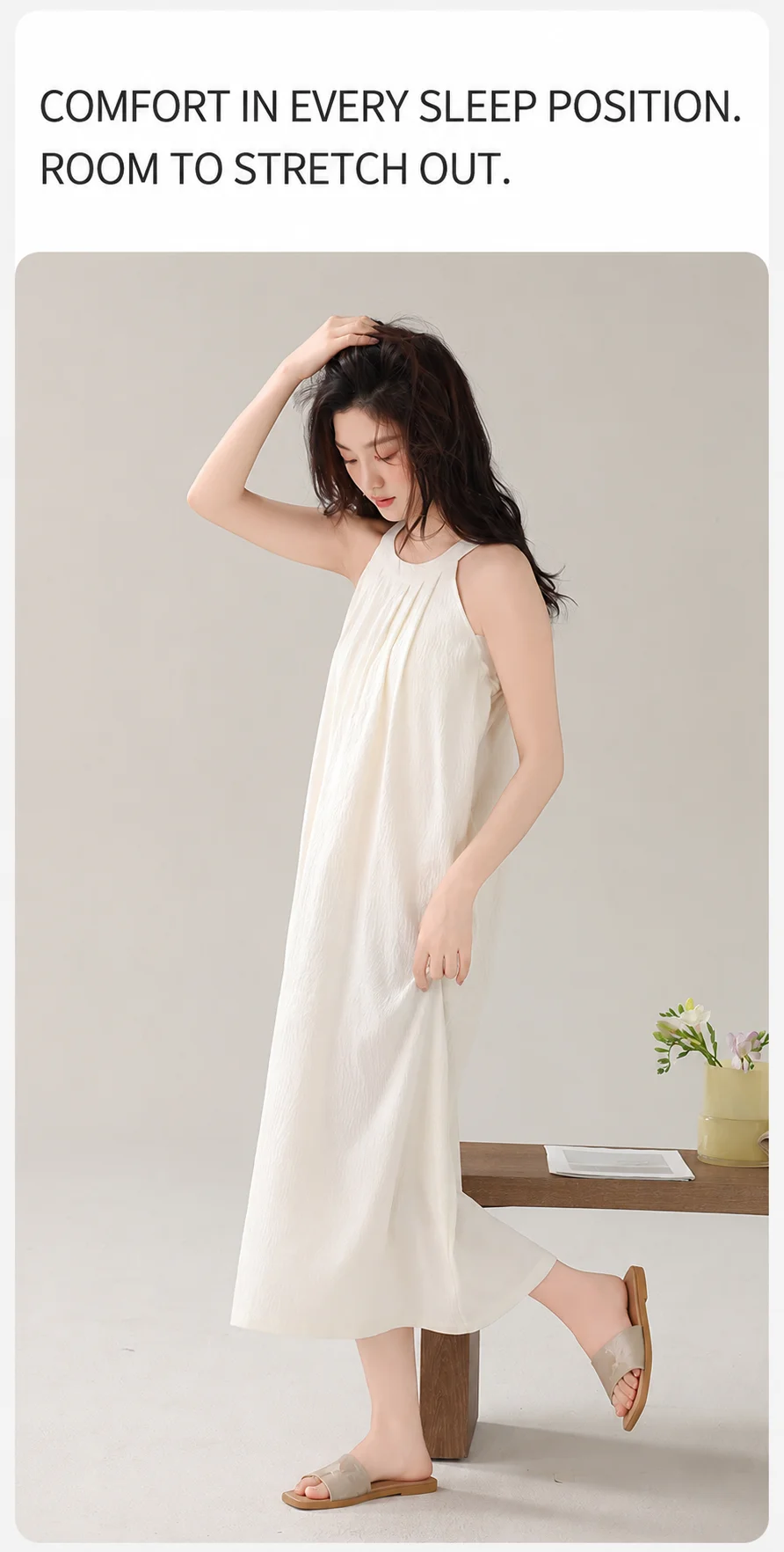 Damen Gepolstertes Ärmelloses Nachthemd mit Eingebautem BH, Herausnehmbaren Polstern, Langes, Weiches Schlafkleid, Sommer-Loungewear, Hauskleid mit Tasche – Detail 17