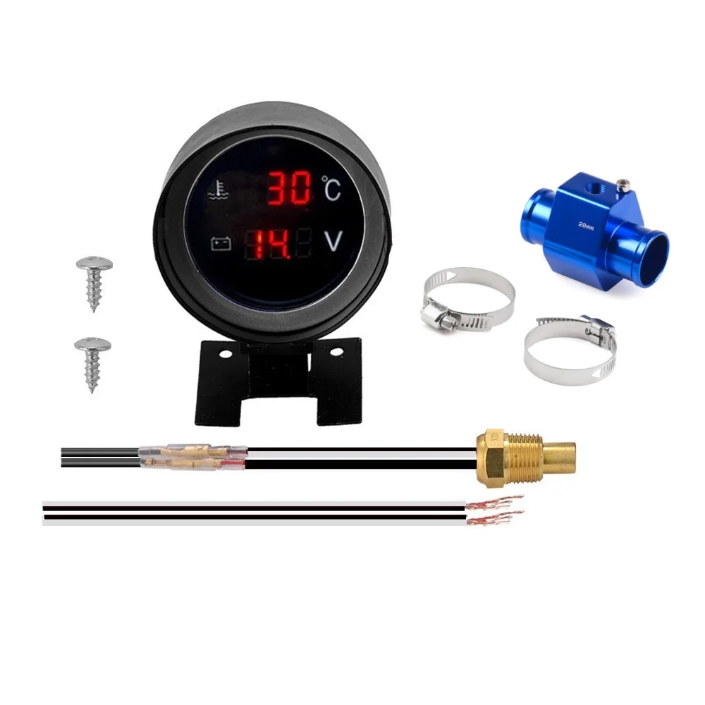 2 IN 1 Water Temperature Gauge Digital Led Voltmeter Water Temp Joint Pipe Sensor Car Truck Motorcycle Car Temperature Sensor