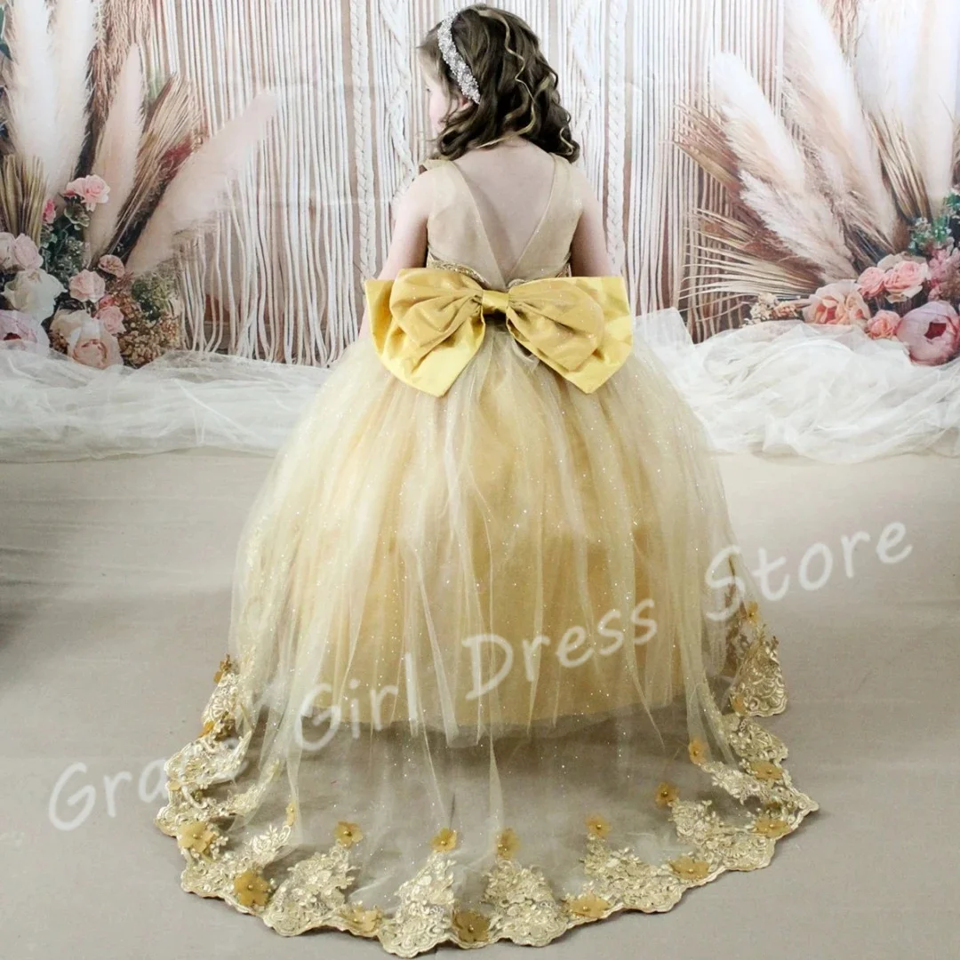 

Customized Yellow Flower Girl Dress For Wedding Appliques Backless With Bow Classic Luxury Toddler Birthday Party Pageant Gown