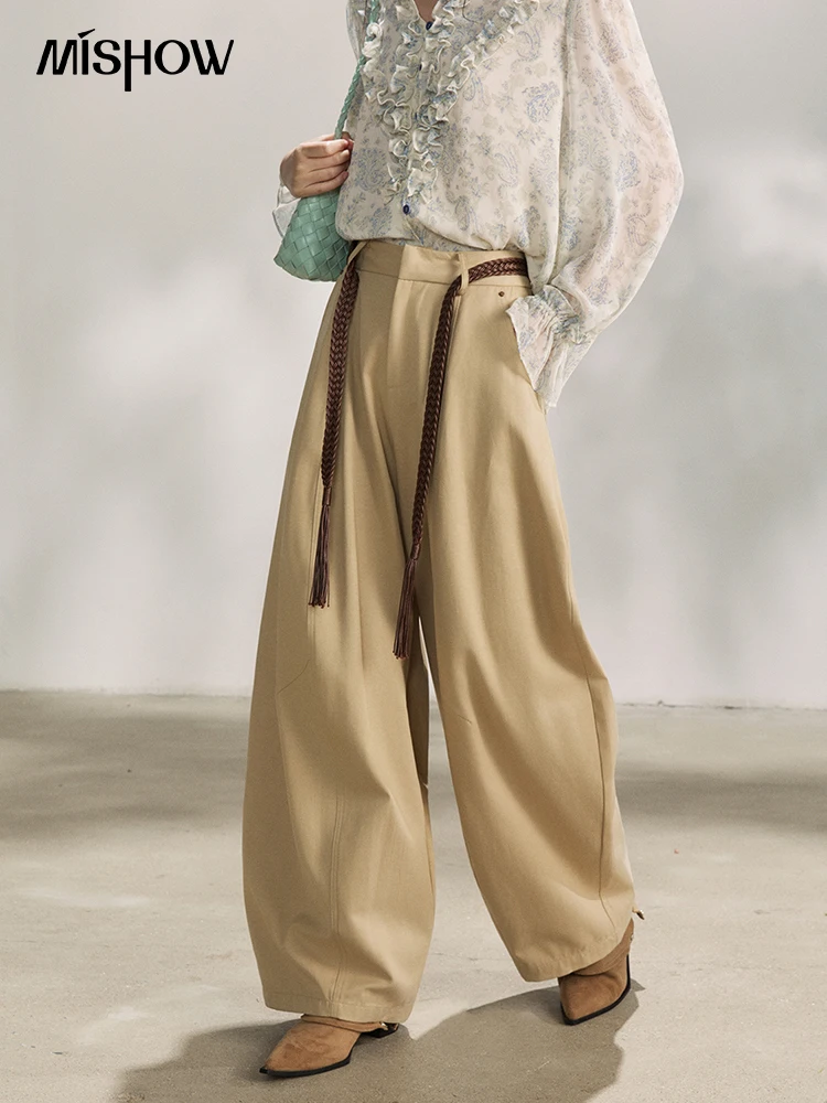 

Женские широкие брюки MISHOW цвета хаки, весна 2026, с высокой талией, с поясом, с имитацией задних карманов, повседневные свободные брюки MXF13K1237