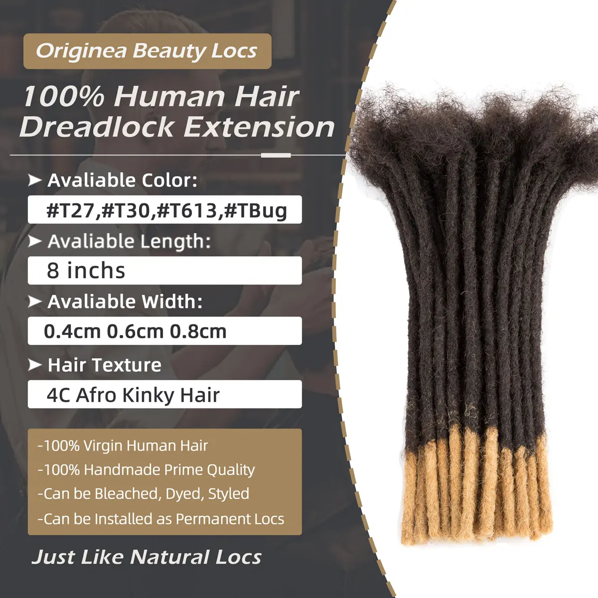 Bleached Tip Human Hair Dreadlock Extension 0.4 0.6 0.8cm Ombre Handmade Permanent Dread Loc Extensions for Men/Women 8 Inch