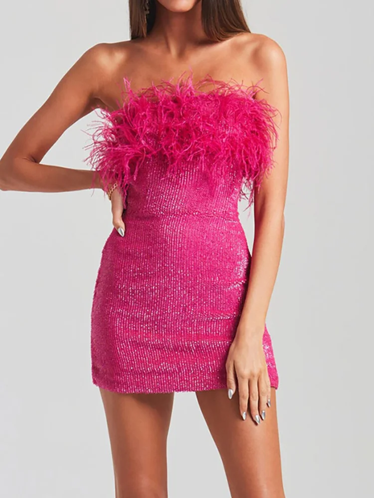 

Fashion Women's Dress Strapless Slim Spliced Feathers Sleeveless Waist Sequins Pink Backless Dresses Spring 2023 New O313