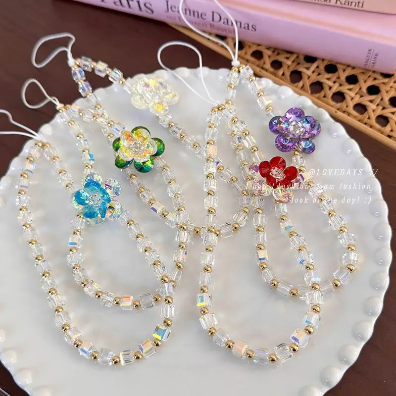 Glossy Square Glass Bead Phone Lanyard Contrast Flower DIY Anti Loss Wrist Strap Everyday Use Universal Standard Size