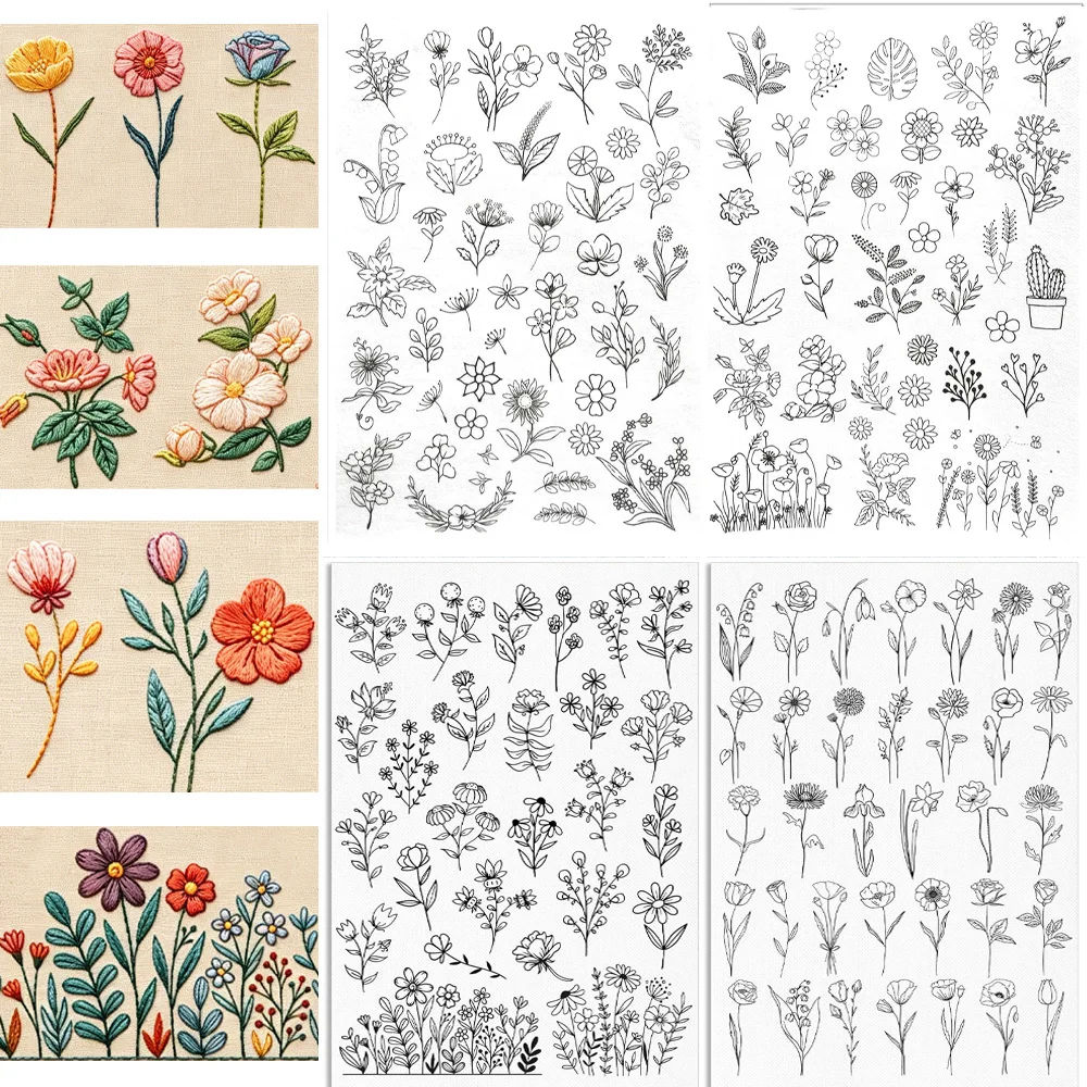 Mixed Floral Stick And Stitch Embroidery Transfer Paper Water‑Soluble Dissolvable Stabilizer Wildflower Rose Patterns for Sewing