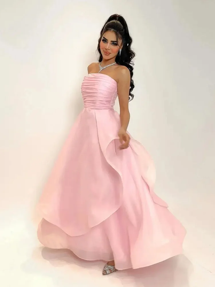 Jirocum Rosa trägerloses Ballkleid für Damen, A-Linie, plissiert, Party-Abendkleider, gerüschter Rand, Prinzessin, elegantes formelles Anlasskleid