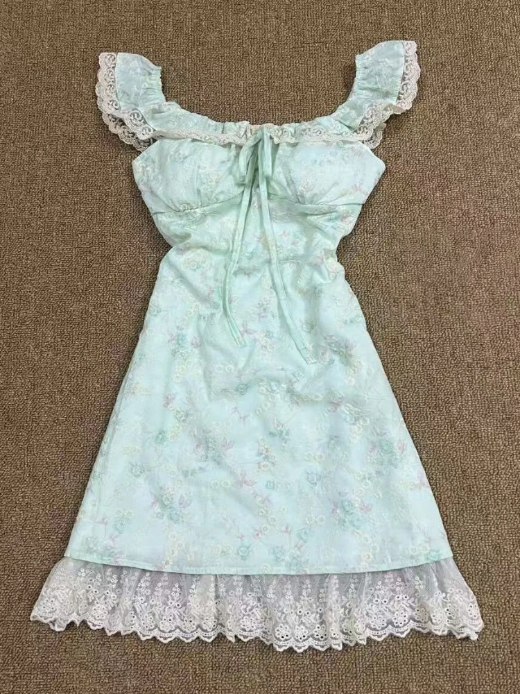 Fashion Elegant Warm Sling Print Dress Vintage Sweet Lace Up Sleeveless Green A-line Dresses Summer Chic Slim Thin New Outfits